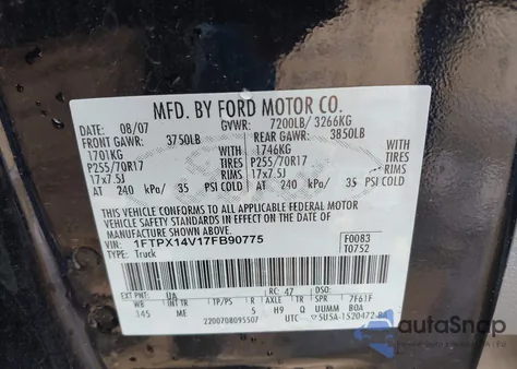 2007 Ford F-150 Fx4/Lariat/Xl/Xlt из США, поврежденный, VIN 1FTPX14V17FB90775